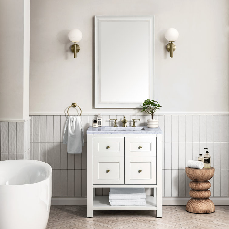 Bright White Solid Wood Single Vanity with Brass Knobs