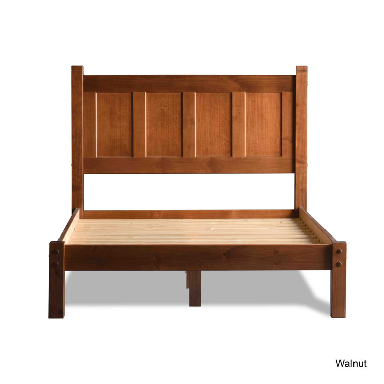 Walnut Full Size Pine Wood Panel Bed with Headboard and Drawer