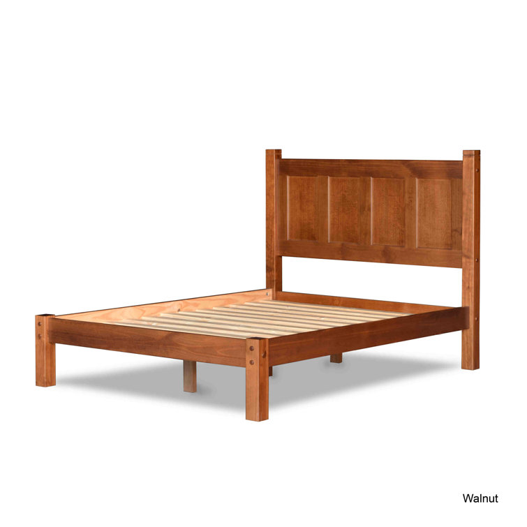 Walnut Full Size Pine Wood Panel Bed with Headboard and Drawer