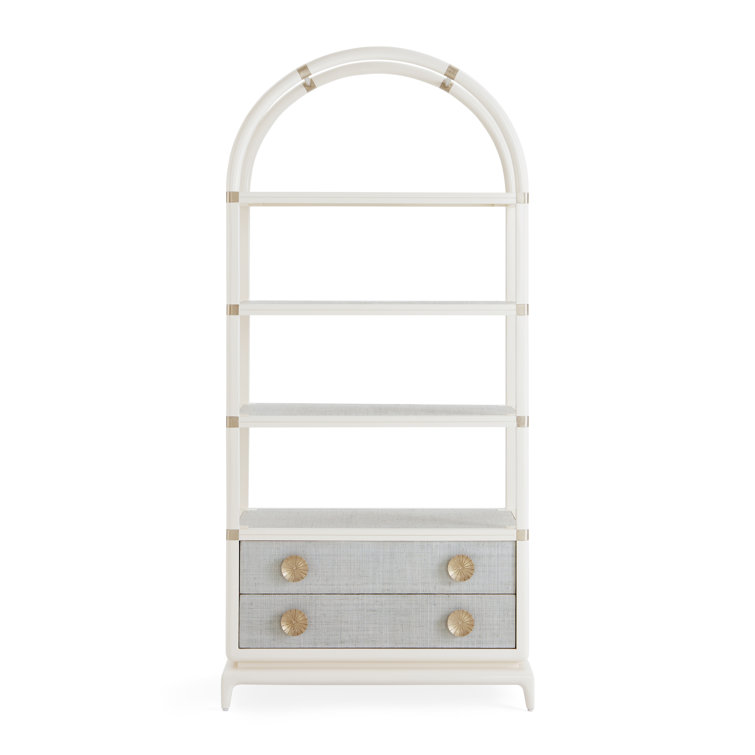 Ivory Mahogany and Brass Arched Bookcase with Drawers