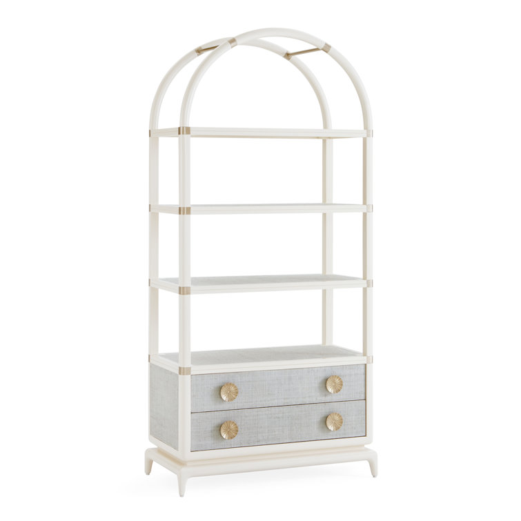 Ivory Mahogany and Brass Arched Bookcase with Drawers