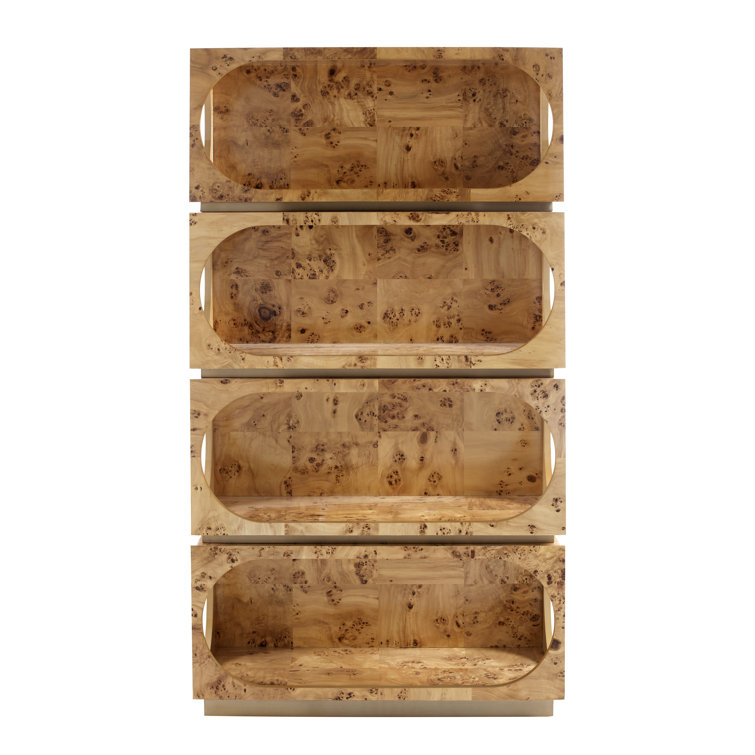 Burled Wood and Brass 4-Shelf Bookcase