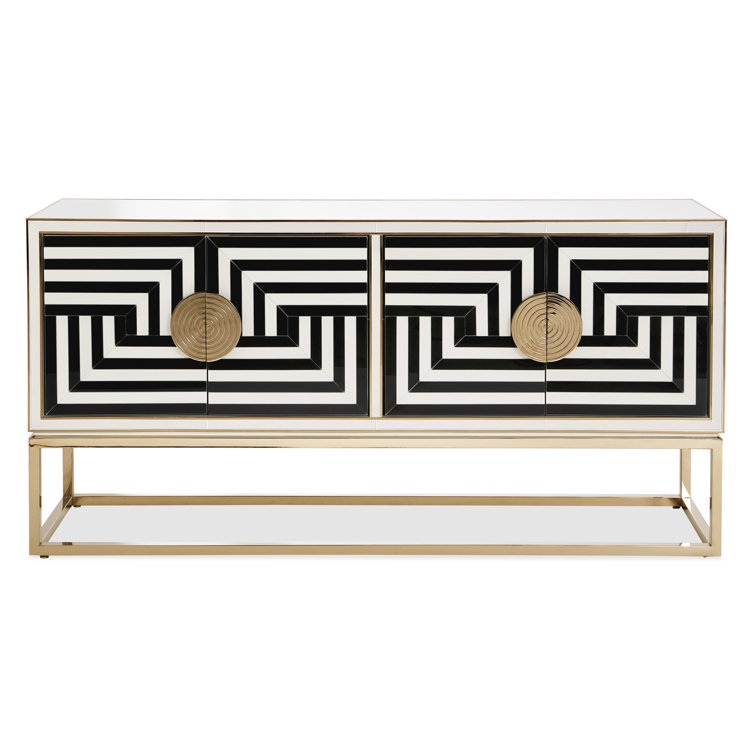 Op Art 64'' Black and White Glass Buffet with Brass Base