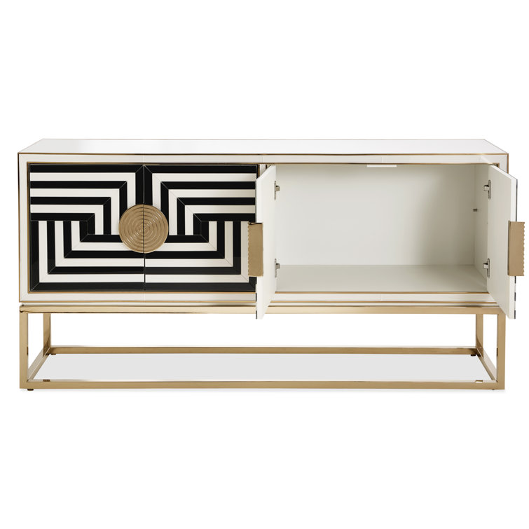 Op Art 64'' Black and White Glass Buffet with Brass Base