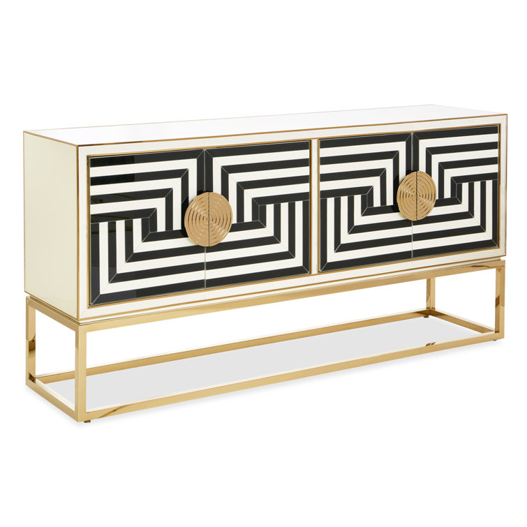 Op Art 64'' Black and White Glass Buffet with Brass Base