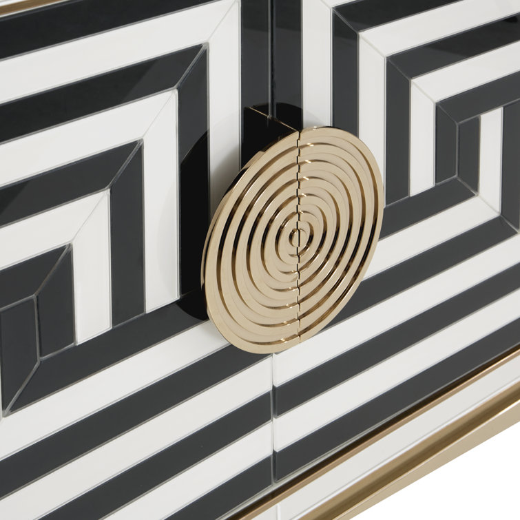 Op Art 64'' Black and White Glass Buffet with Brass Base