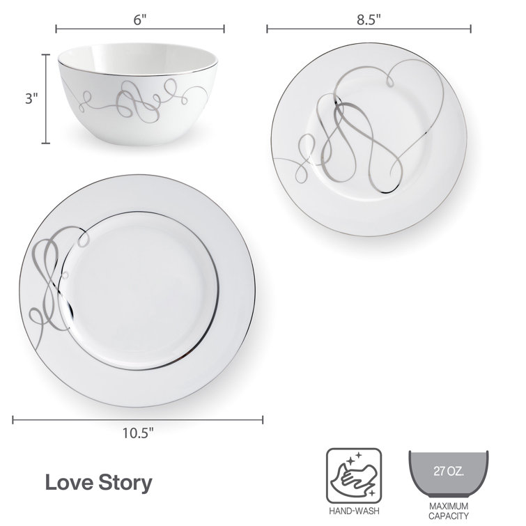 Love Story White Porcelain 24-Piece Dinnerware Set, Service for 8