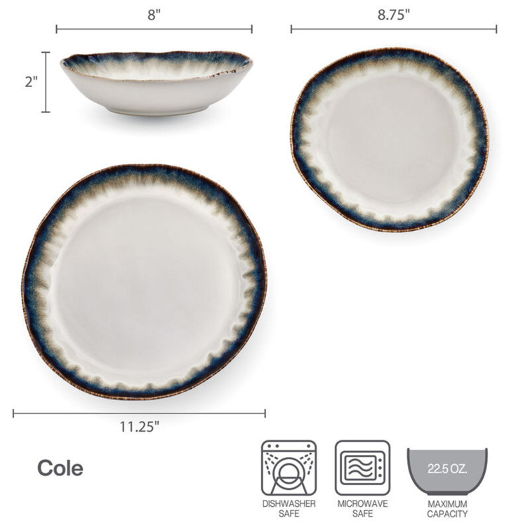 Cole Organic Shaped Cream and Blue 12-Piece Stoneware Dinnerware Set