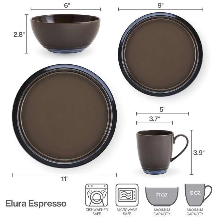 Elura Dark Brown Ceramic 16-Piece Dinnerware Set, Service for 4