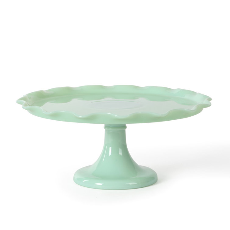 Handmade Jadeite Green Glass Pedestal Cake Stand with Scallop Trim