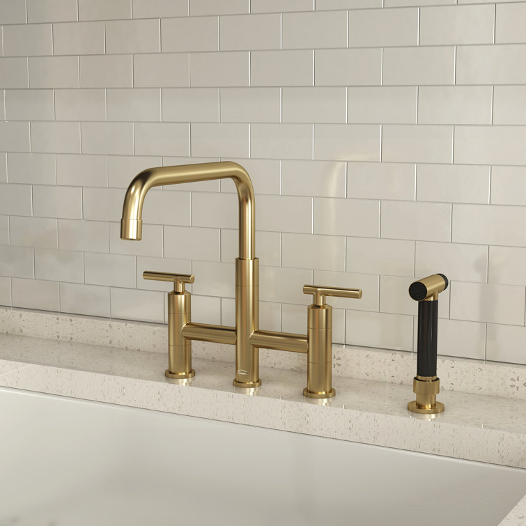 Brushed Gold Bridge Kitchen Faucet with Pull-out Spray