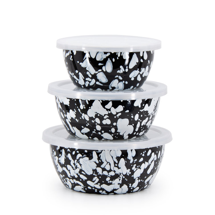 Black and White Ceramic Nesting Bowls with Lids, Set of 3