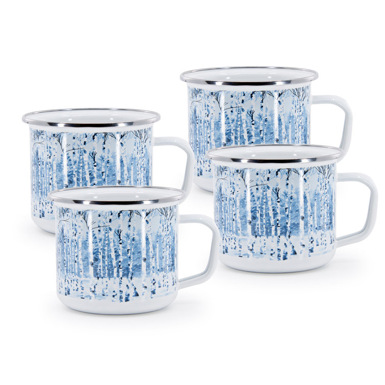 Set of 4 White and Blue Enamel Christmas Mugs