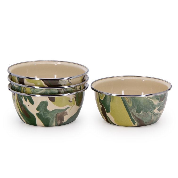 Camouflage Enamel Round Salad Bowls Set, 8 oz, Green and Beige