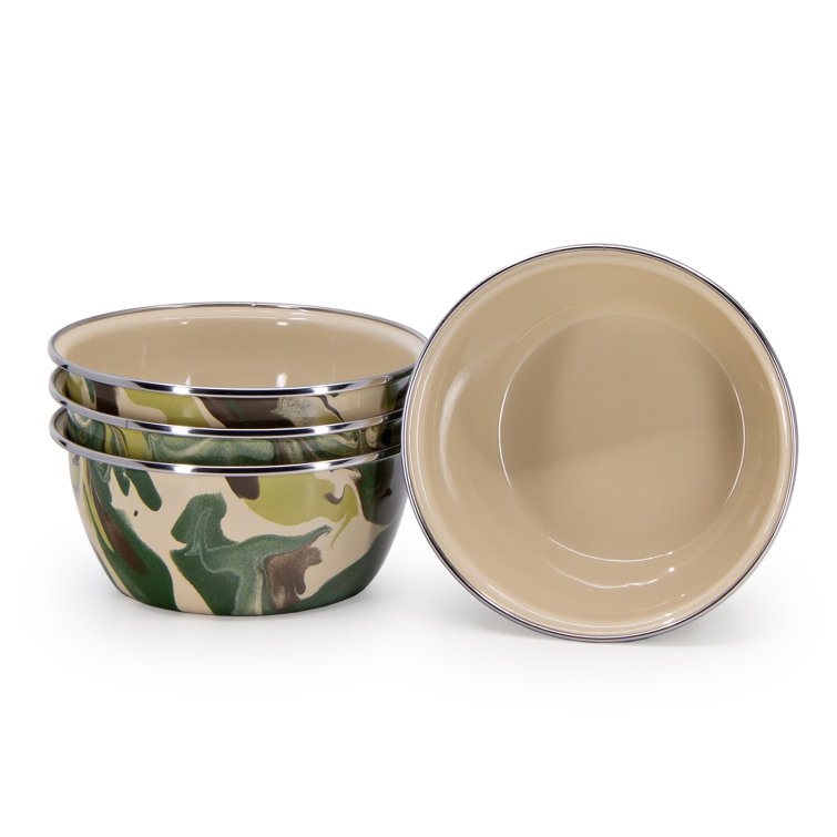 Camouflage Enamel Round Salad Bowls Set, 8 oz, Green and Beige
