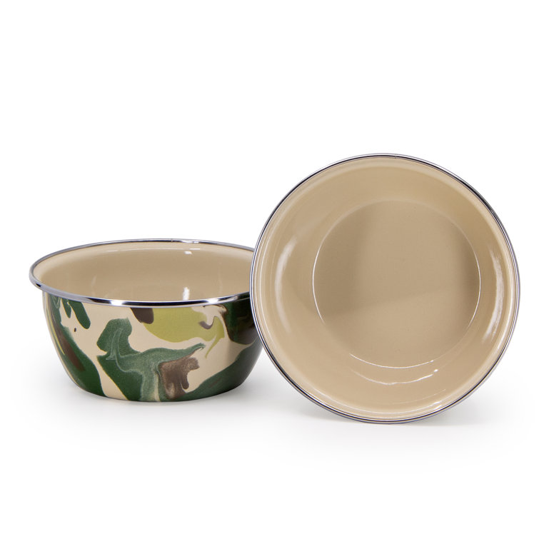 Camouflage Enamel Round Salad Bowls Set, 8 oz, Green and Beige