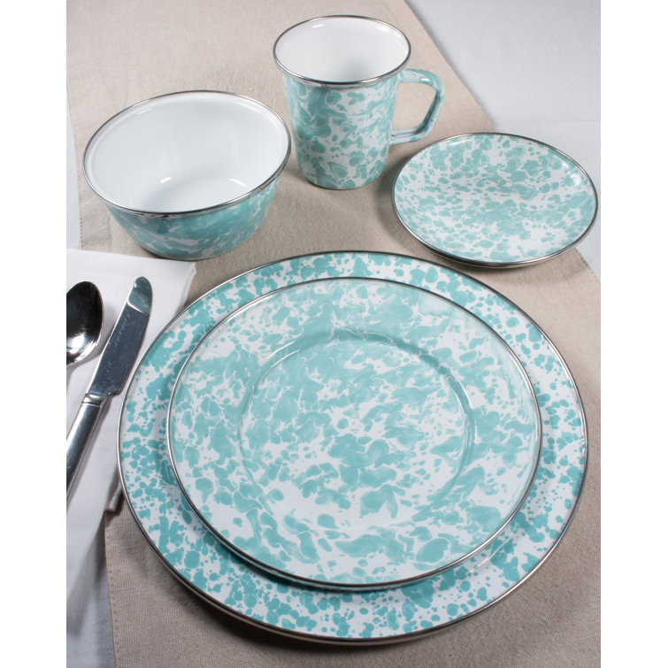White Circular Enamel Tray with Stainless Steel Accents