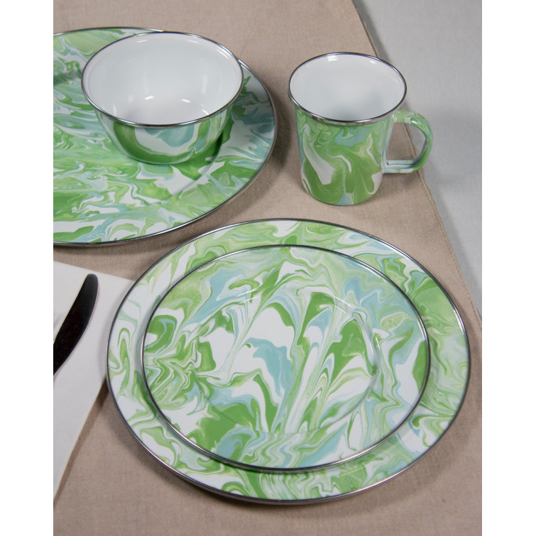 Modern Monet Green and White Enamel Salad Bowls Set of 4