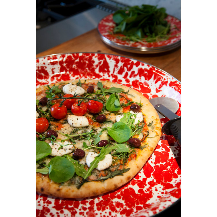White Circular Enamel Tray with Stainless Steel Accents