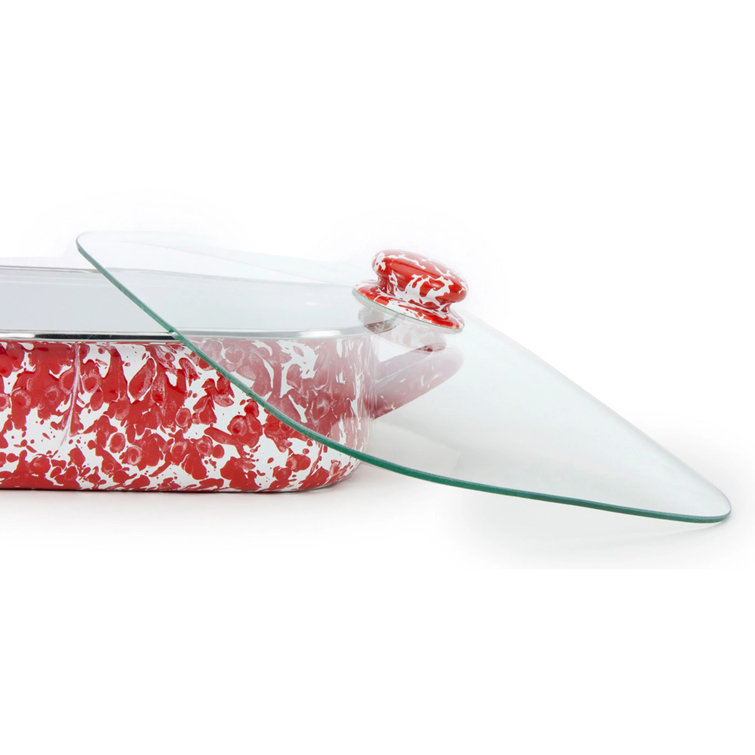Red Porcelain Enamel Rectangle Roasting Pan with Glass Lid
