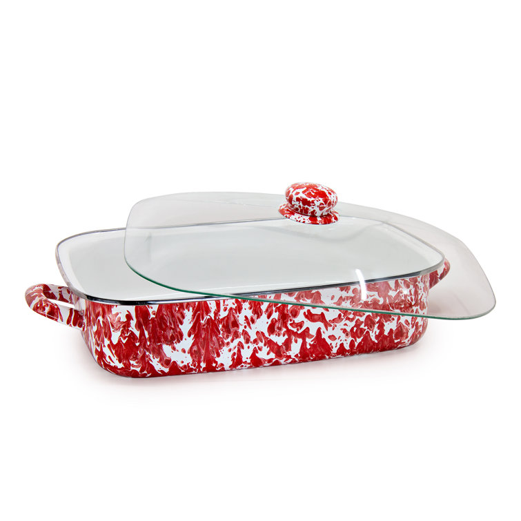Red Porcelain Enamel Rectangle Roasting Pan with Glass Lid