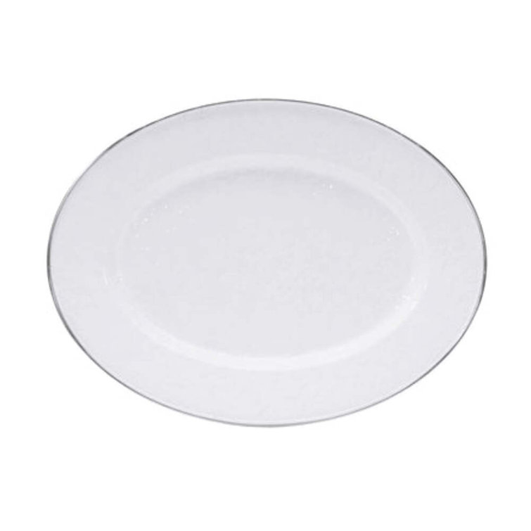 White Ceramic Oval Serving Platter with Stainless Steel Rim
