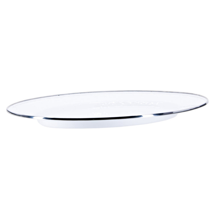 White Ceramic Oval Serving Platter with Stainless Steel Rim