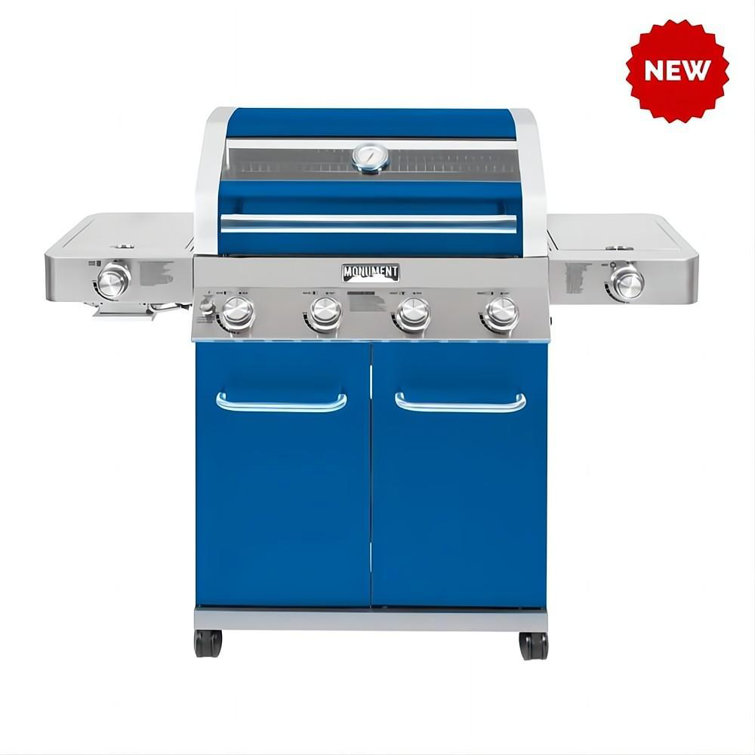 Monument Blue Stainless Steel 4-Burner Propane Gas Grill with Infrared Side Burner