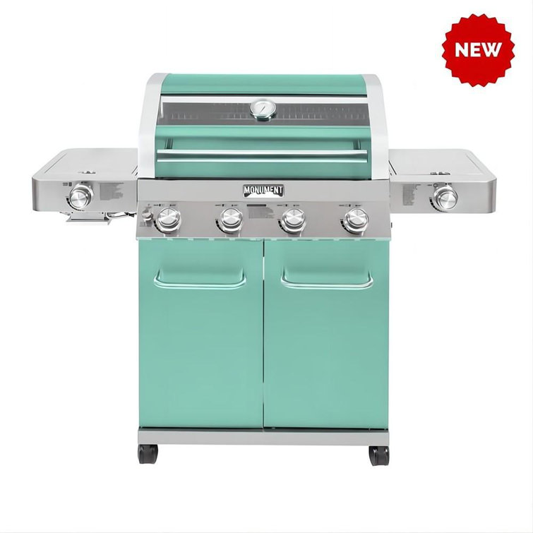 Green Stainless Steel 4-Burner Propane Gas Grill with Side Burner