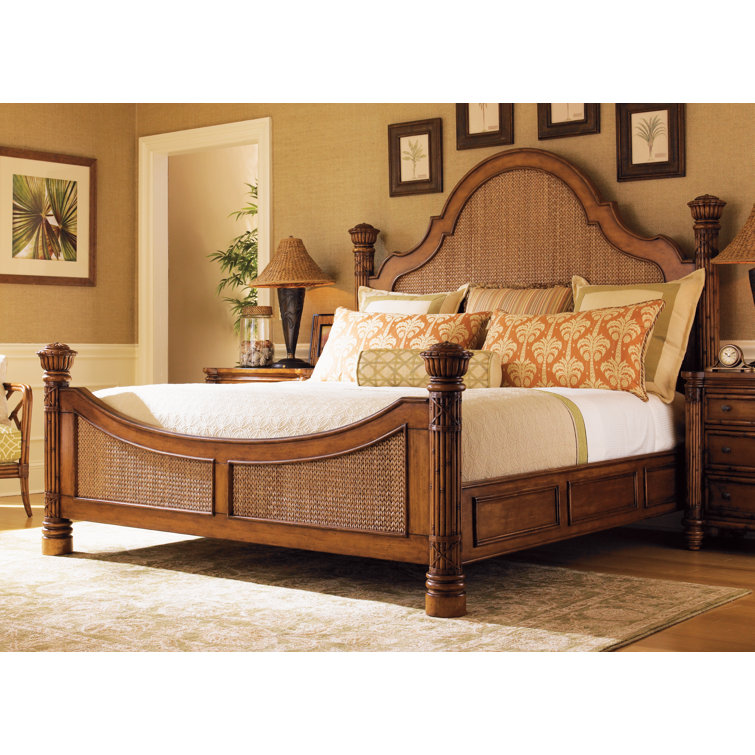 California King Coastal Brown Wood Poster Bed with Upholstered Headboard