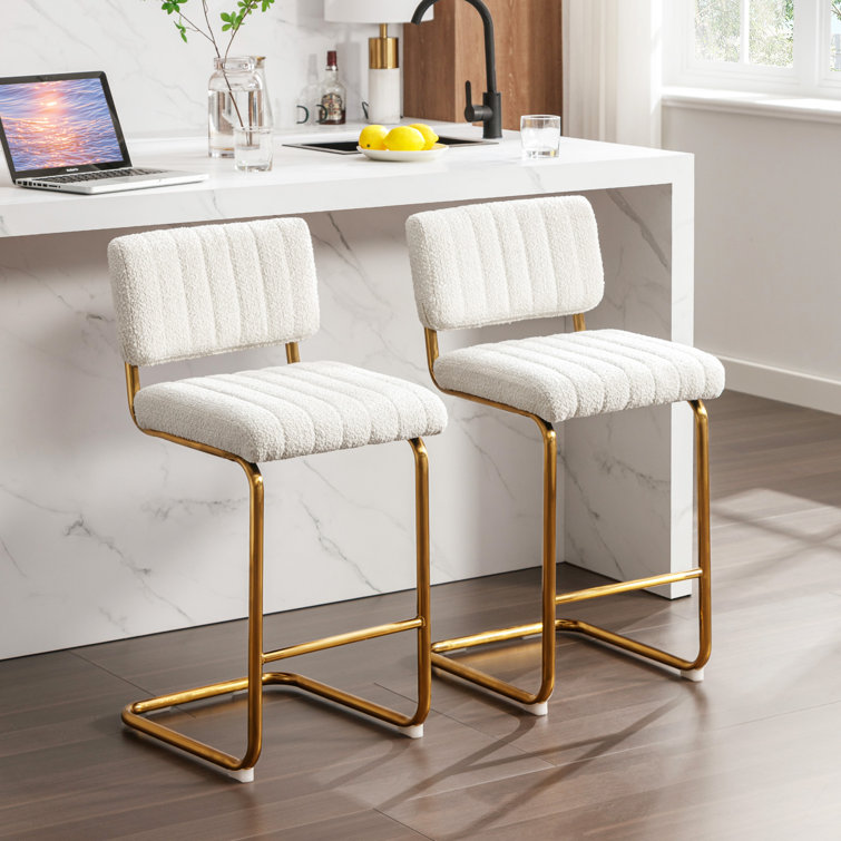 White Boucle Upholstered Counter Stools with Gold Metal Base, Set of 2