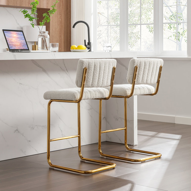 White Boucle Upholstered Counter Stools with Gold Metal Base, Set of 2