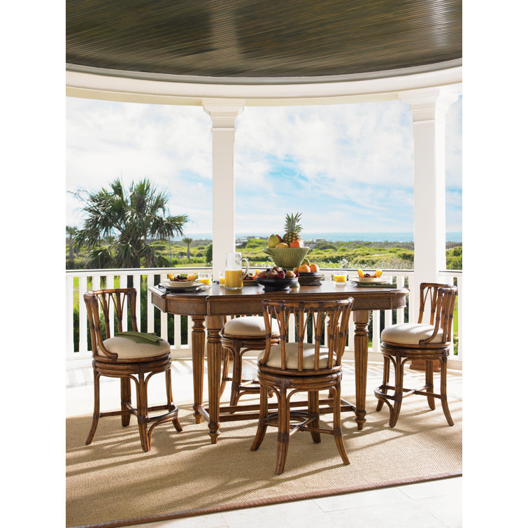 Brown Leather and Wood Swivel Bar Stool