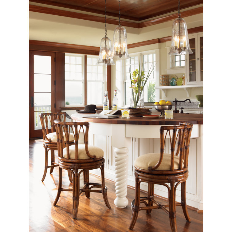 Brown Leather and Wood Swivel Bar Stool