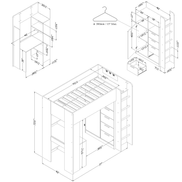 Natural Twin Loft Bed with Desk and Storage Drawers