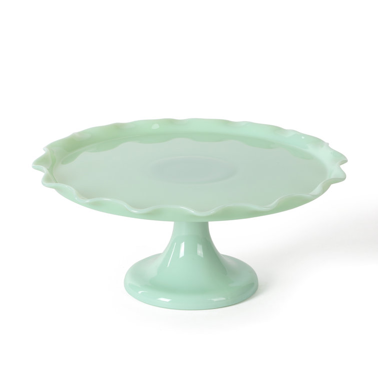 Handmade Jadeite Green Glass Pedestal Cake Stand with Scallop Trim