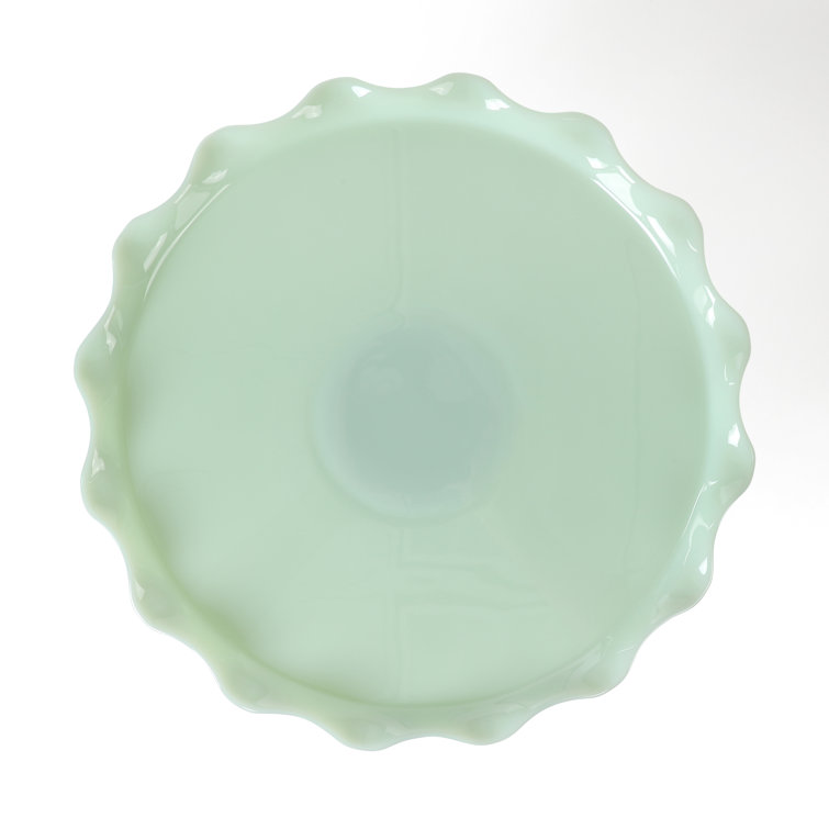 Handmade Jadeite Green Glass Pedestal Cake Stand with Scallop Trim