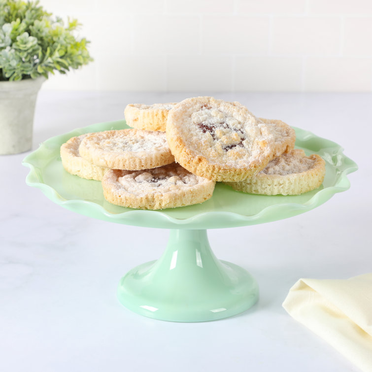 Handmade Jadeite Green Glass Pedestal Cake Stand with Scallop Trim