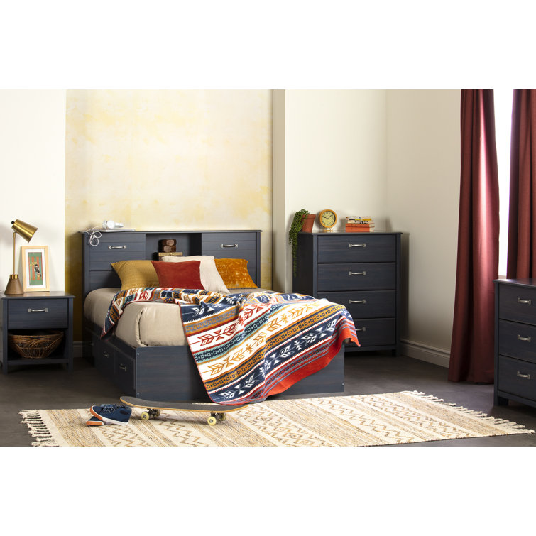 Twin Blueberry Oak Platform Bed with Storage and Headboard