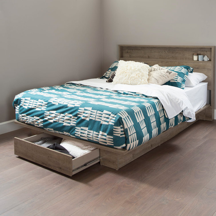 Weathered Oak Full Platform Bed with Upholstered Headboard and Drawer
