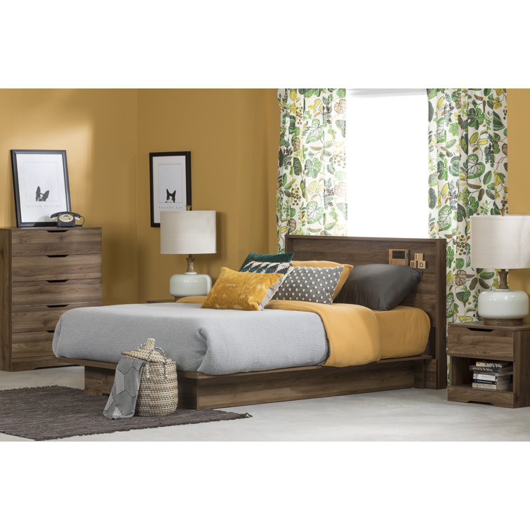 Natural Walnut Queen Platform Bed with Upholstered Headboard and Drawer