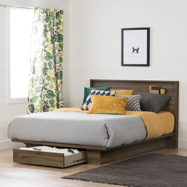 Natural Walnut Queen Platform Bed with Upholstered Headboard and Drawer