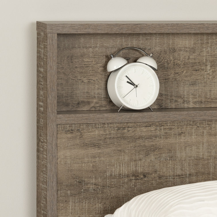 Weathered Oak Full Platform Bed with Upholstered Headboard and Drawer