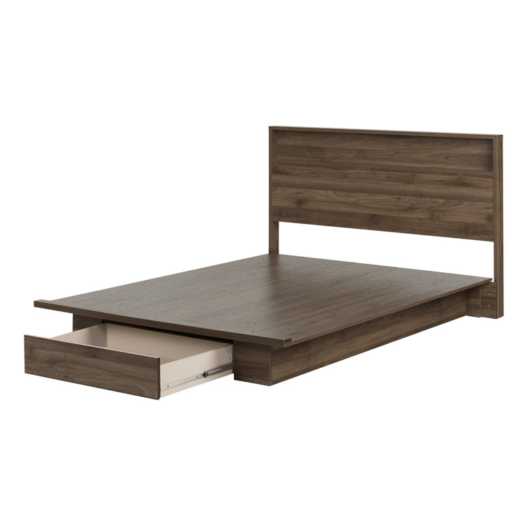 Natural Walnut Queen Platform Bed with Upholstered Headboard and Drawer