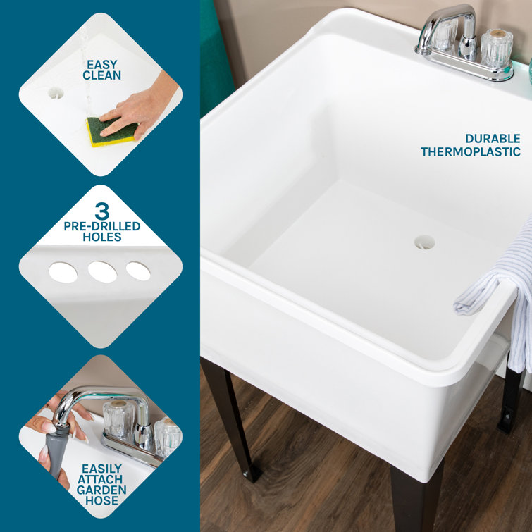 24.75" White Thermoplastic Freestanding Utility Sink with Chrome Faucet