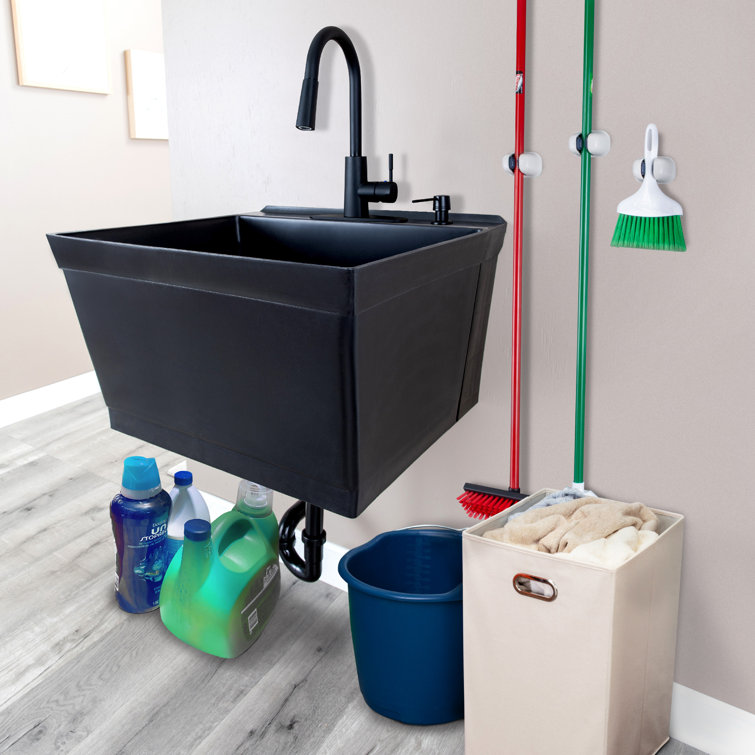 Black Wall Mount Utility Sink with Pull-Down Faucet