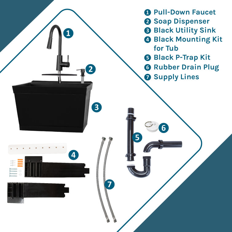 Black Wall Mount Utility Sink with Pull-Down Faucet