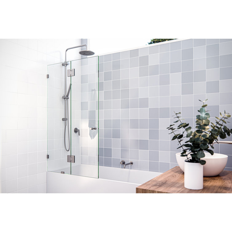34" Brushed Nickel Frameless Clear Glass Hinged Bathtub Door