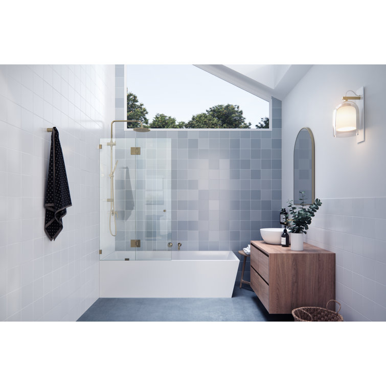 Polished Brass Frameless Glass Hinged Bathtub Door, 34" x 58"