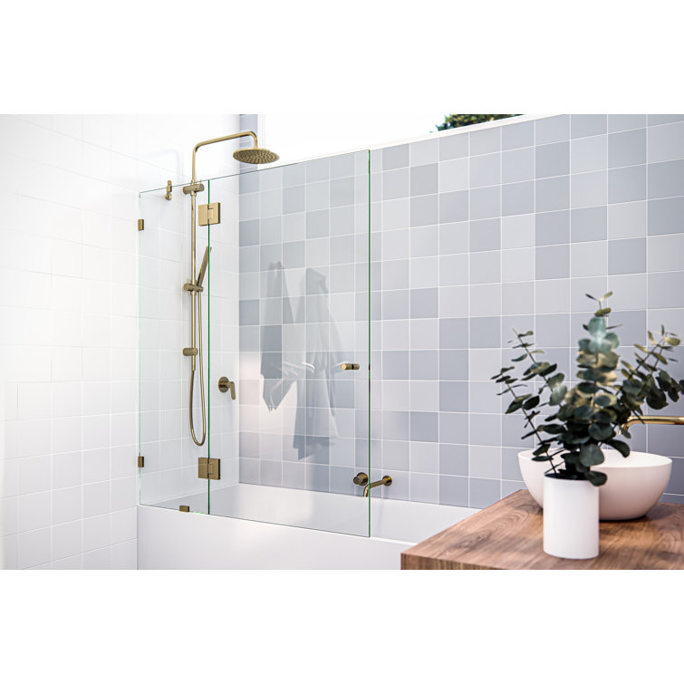 Halo 51 in x 58 in Frameless Glass Bathtub Door with Brass Hinges